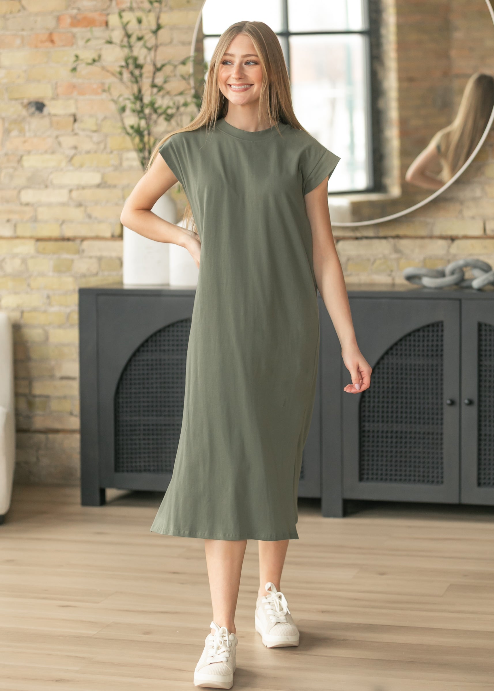 t shirt style dresses Cap Sleeve T-shirt Midi Dress, Olive Sir Elodie Halter Midi certified organic cotton fabric Everyday Dress Count:Single