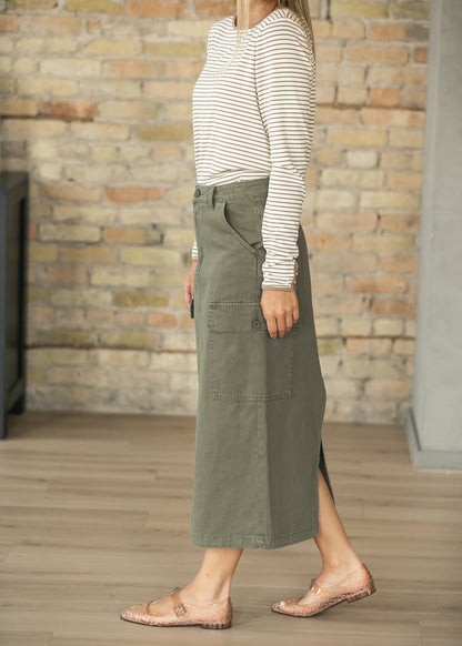 Olive Denim Cotton Cargo Midi Skirt FF Skirts