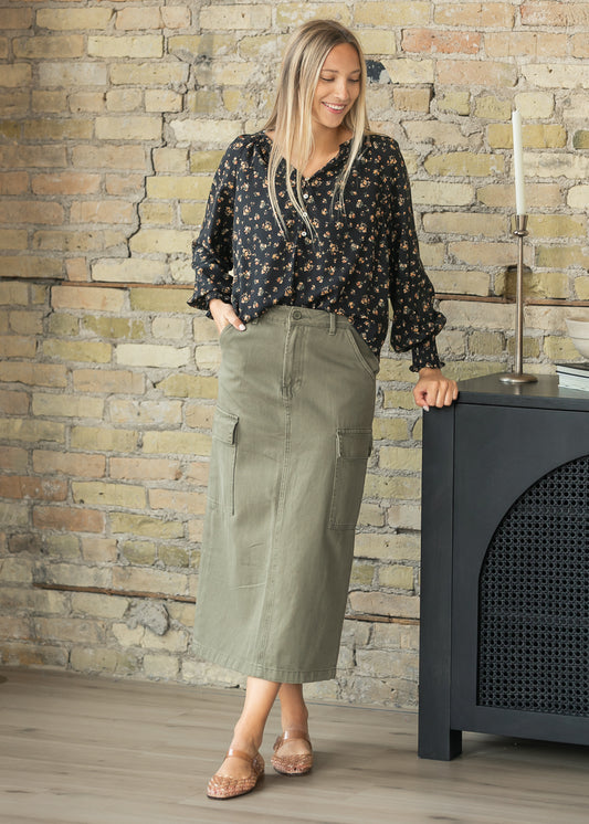 Olive Denim Cotton Cargo Midi Skirt FF Skirts