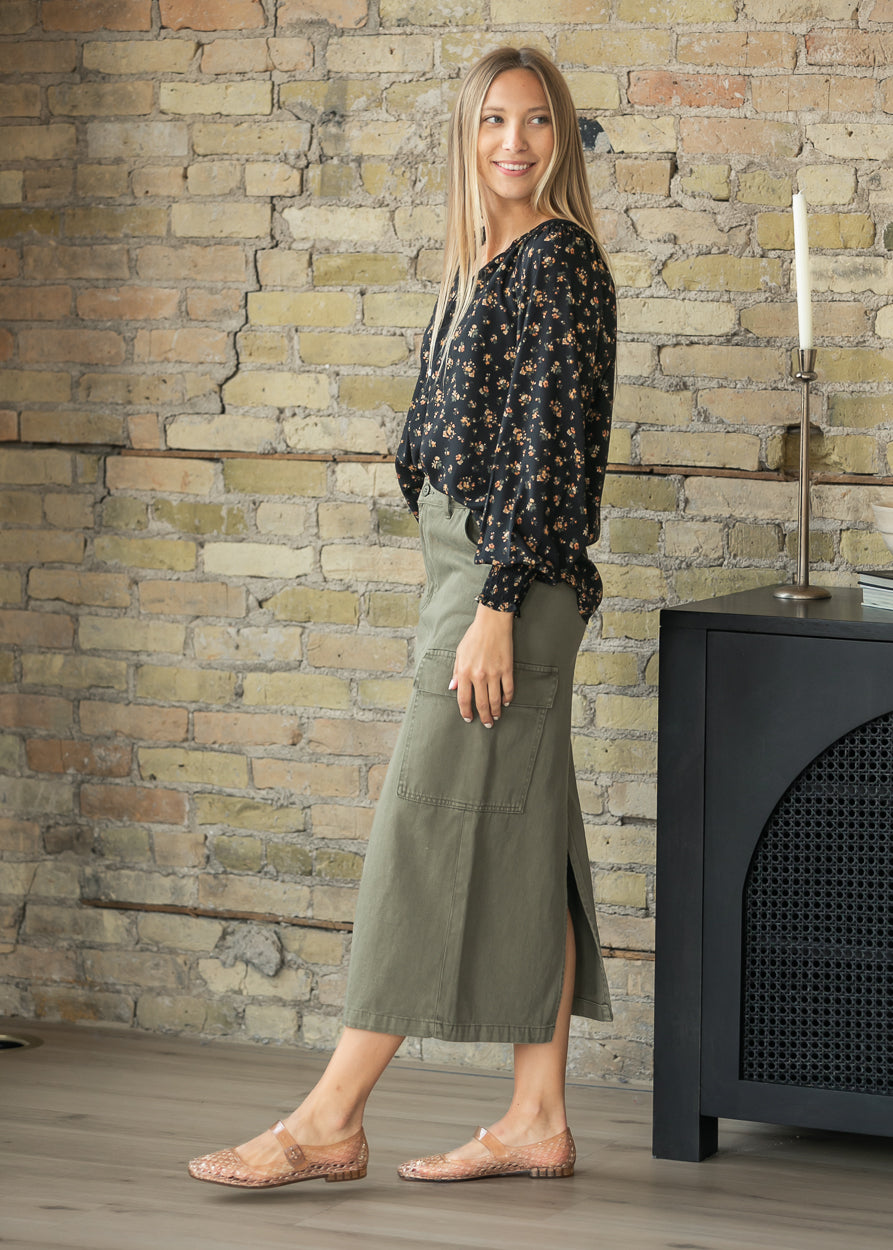 Olive Denim Cotton Cargo Midi Skirt FF Skirts