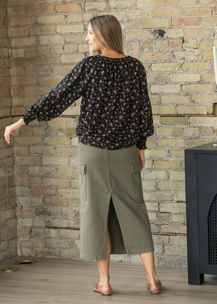 Olive Denim Cotton Cargo Midi Skirt FF Skirts