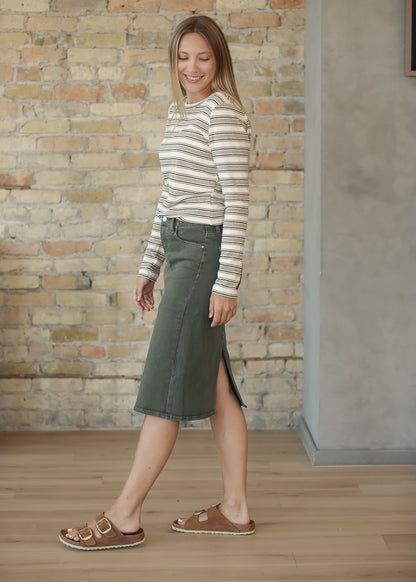 Olive Denim Straight Fit Midi Skirt FF Skirts