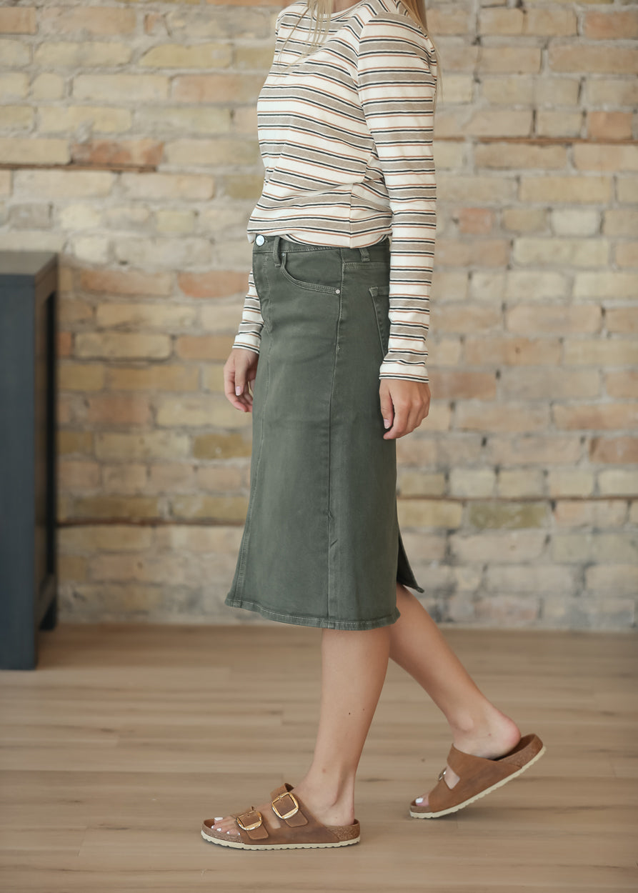 Olive Denim Straight Fit Midi Skirt FF Skirts