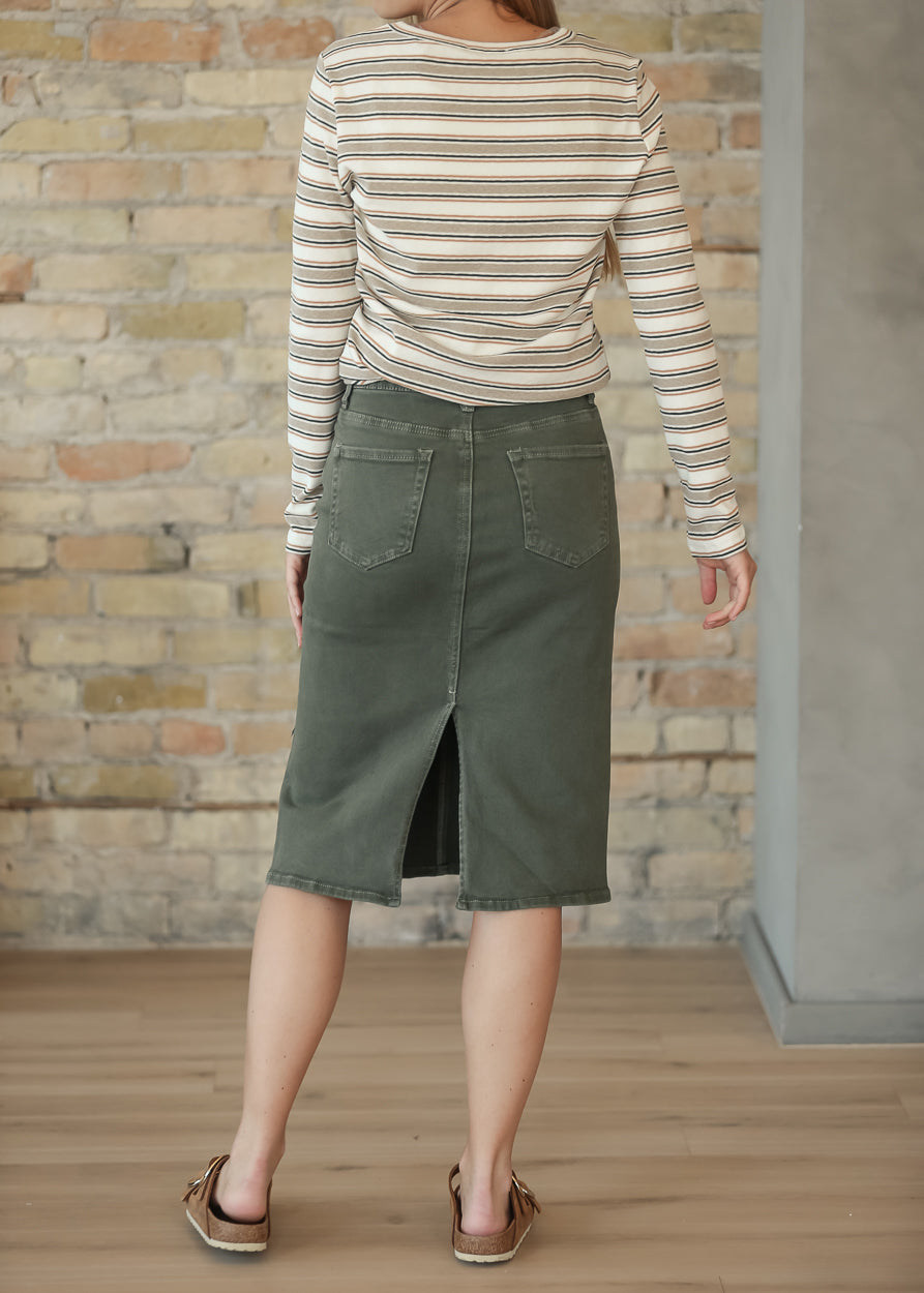 Olive Denim Straight Fit Midi Skirt FF Skirts