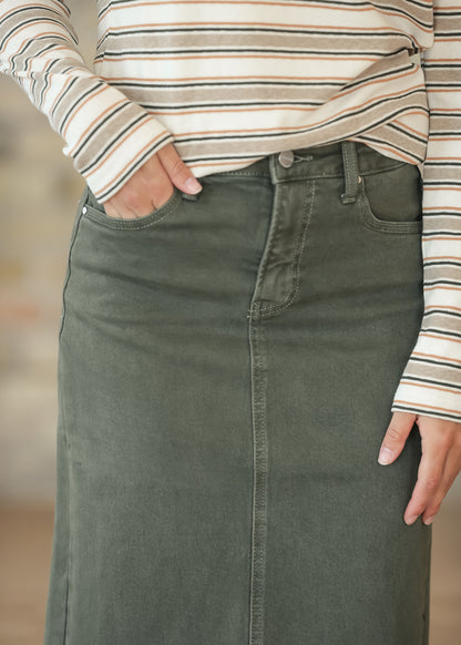 Olive Denim Straight Fit Midi Skirt FF Skirts