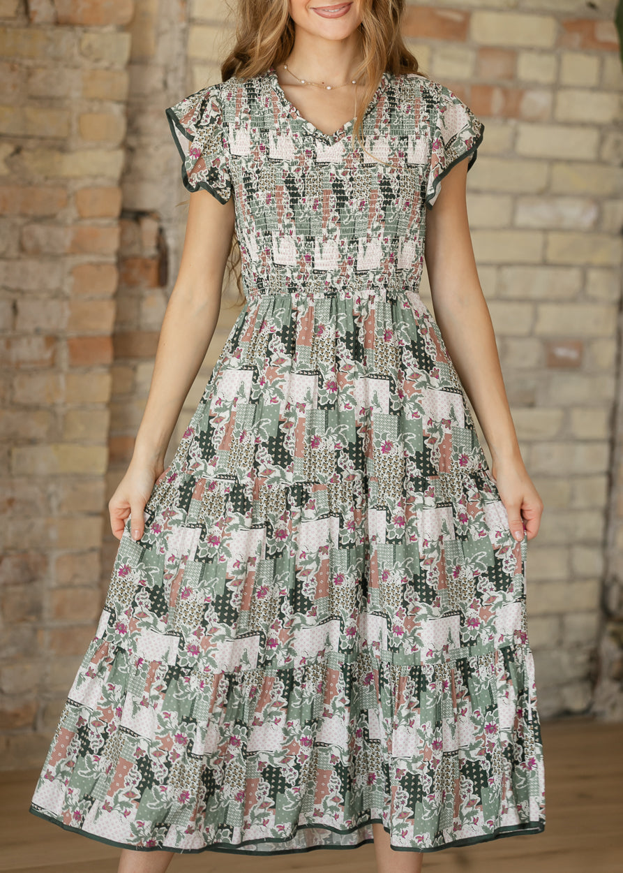 Olive Floral Patch Print Ruffled V-Neck Dress FF Dresses
