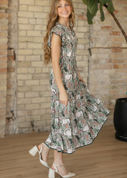 Olive Floral Patch Print Ruffled V-Neck Dress FF Dresses