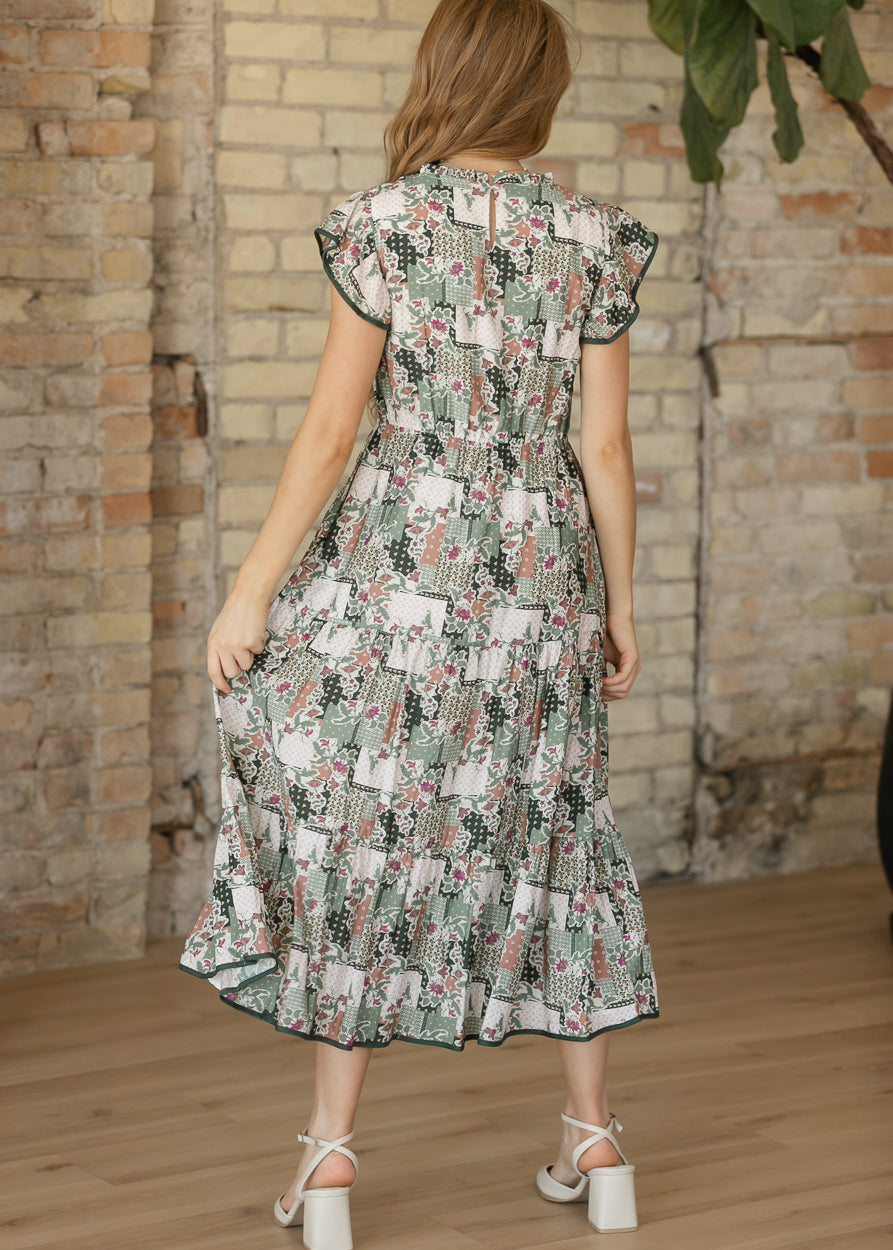 Olive Floral Patch Print Ruffled V-Neck Dress FF Dresses