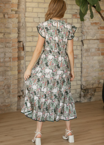Olive Floral Patch Print Ruffled V-Neck Dress FF Dresses
