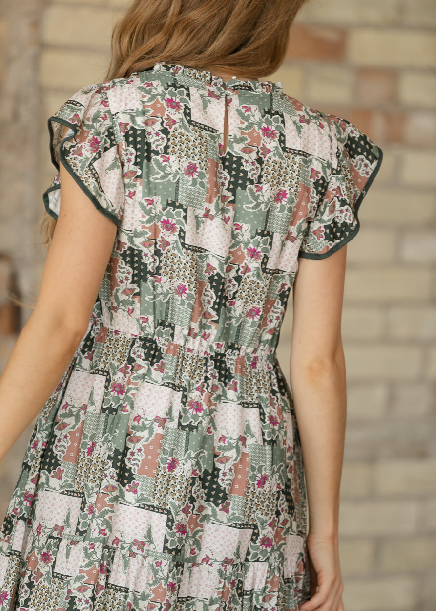 Olive Floral Patch Print Ruffled V-Neck Dress FF Dresses
