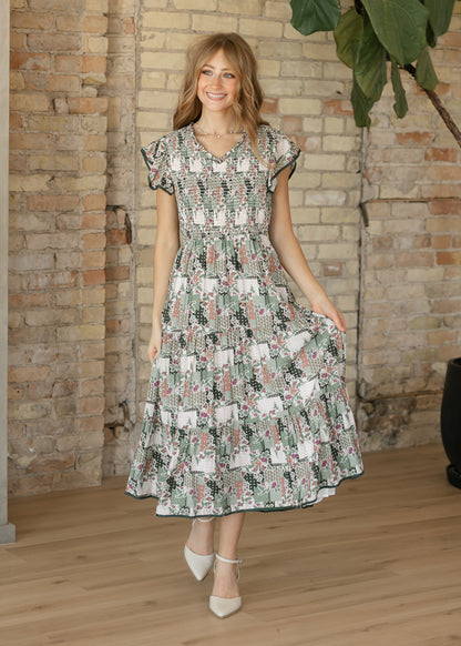 Olive Floral Patch Print Ruffled V-Neck Dress FF Dresses S