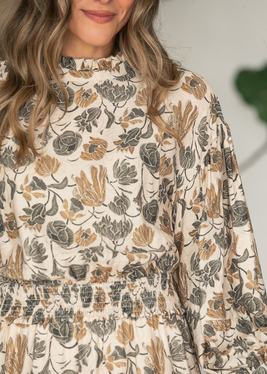 Olive Foliage Print Tie-Cuff Top FF Tops