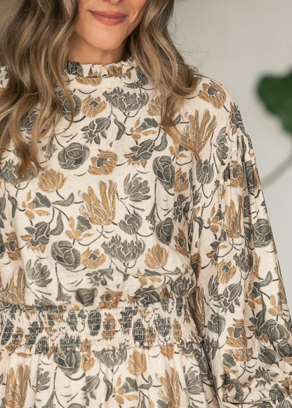 Olive Foliage Print Tie-Cuff Top FF Tops