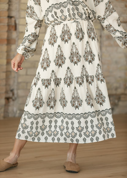 Olive Paisley Medallion Midi Skirt FF Skirts