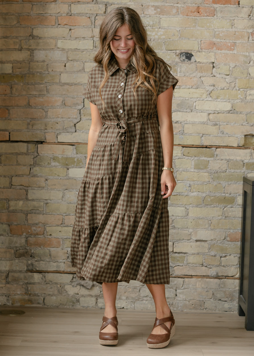 Olive Plaid Waist Tie Shirt Dress FF Dresses