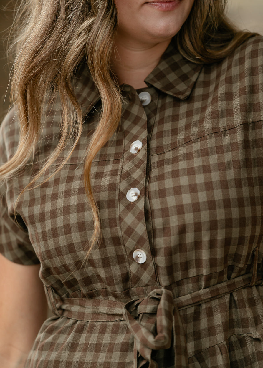 Olive Plaid Waist Tie Shirt Dress FF Dresses