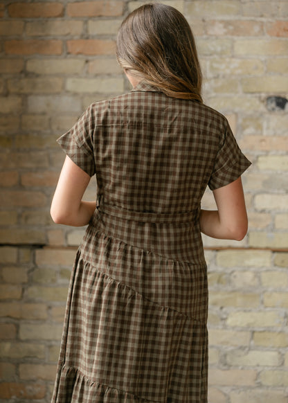 Olive Plaid Waist Tie Shirt Dress FF Dresses