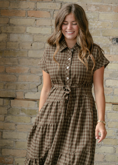 Olive Plaid Waist Tie Shirt Dress FF Dresses
