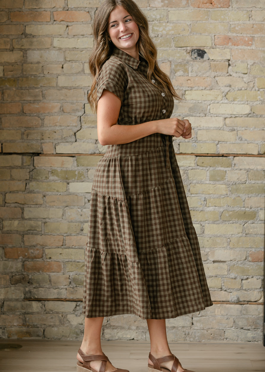 Olive Plaid Waist Tie Shirt Dress FF Dresses