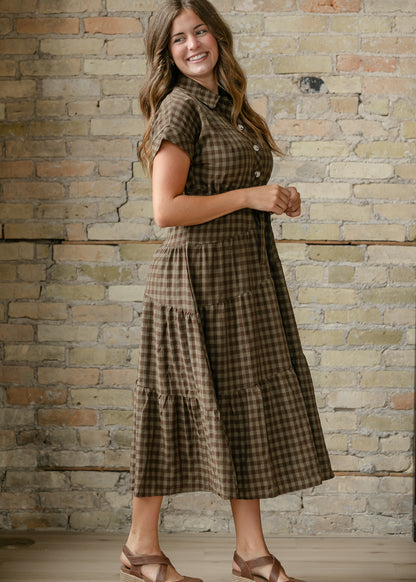 Olive Plaid Waist Tie Shirt Dress FF Dresses