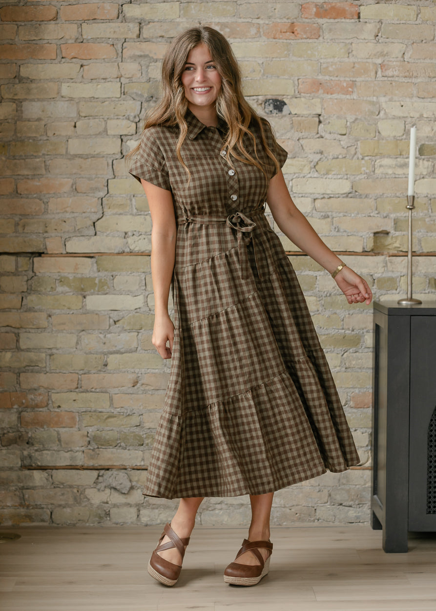 Olive Plaid Waist Tie Shirt Dress FF Dresses S