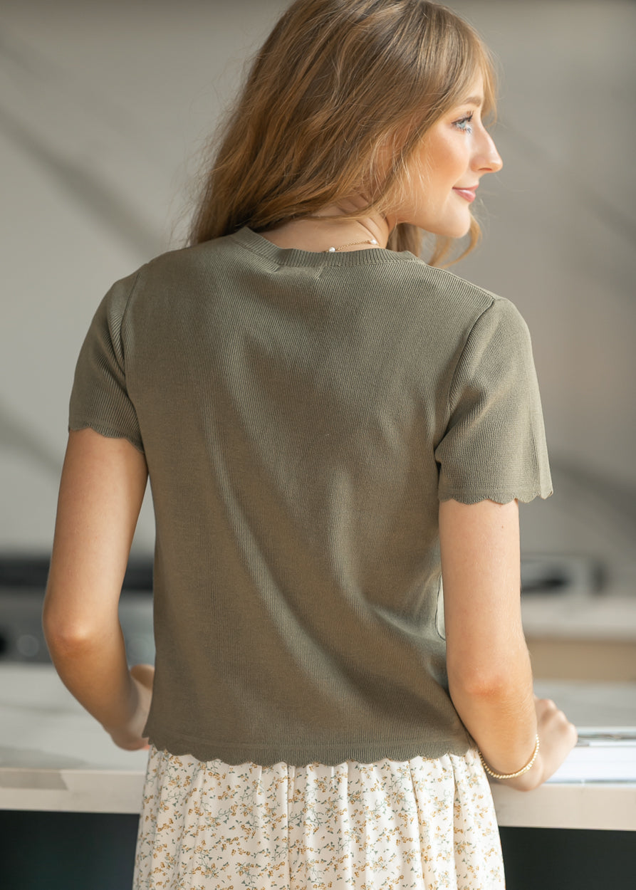 Olive Scalloped Edge Knit Cardigan FF Layering Essentials