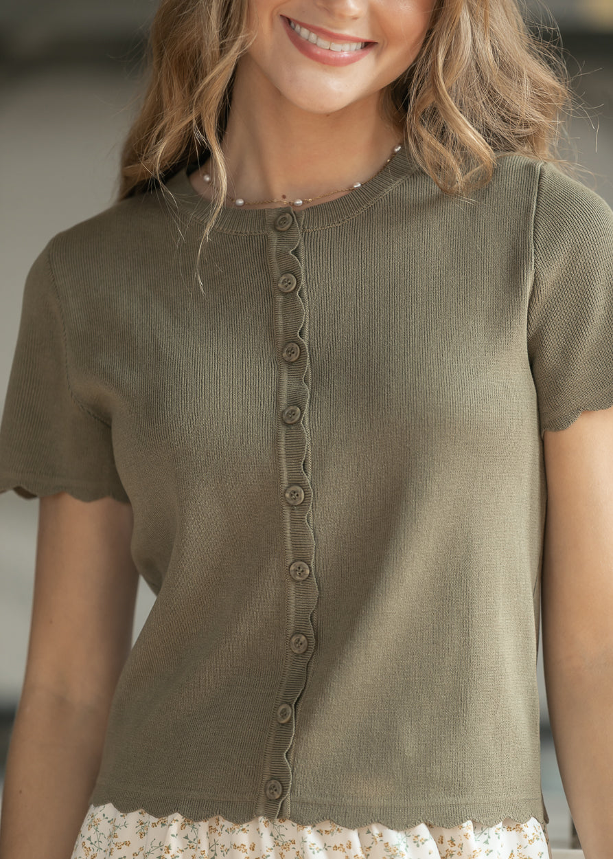 Olive Scalloped Edge Knit Cardigan FF Layering Essentials