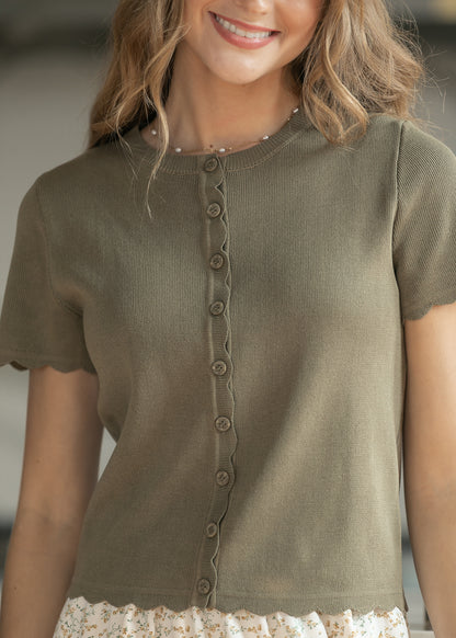 Olive Scalloped Edge Knit Cardigan FF Layering Essentials