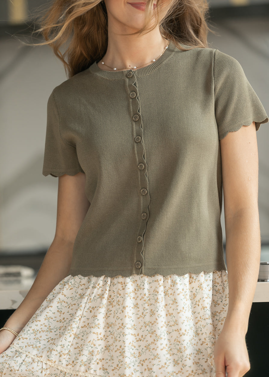 Olive Scalloped Edge Knit Cardigan FF Layering Essentials