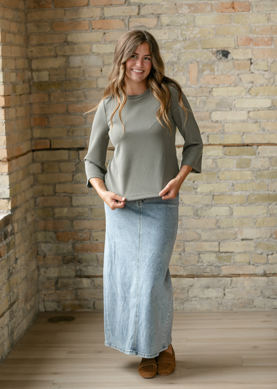 Olive Scuba 3/4 Sleeve Top FF Tops