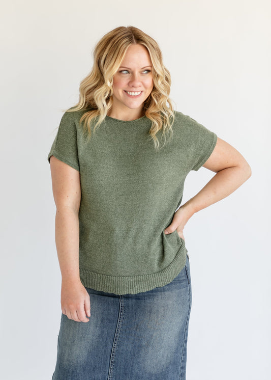 Olive Short Sleeve Knit Top FF Tops