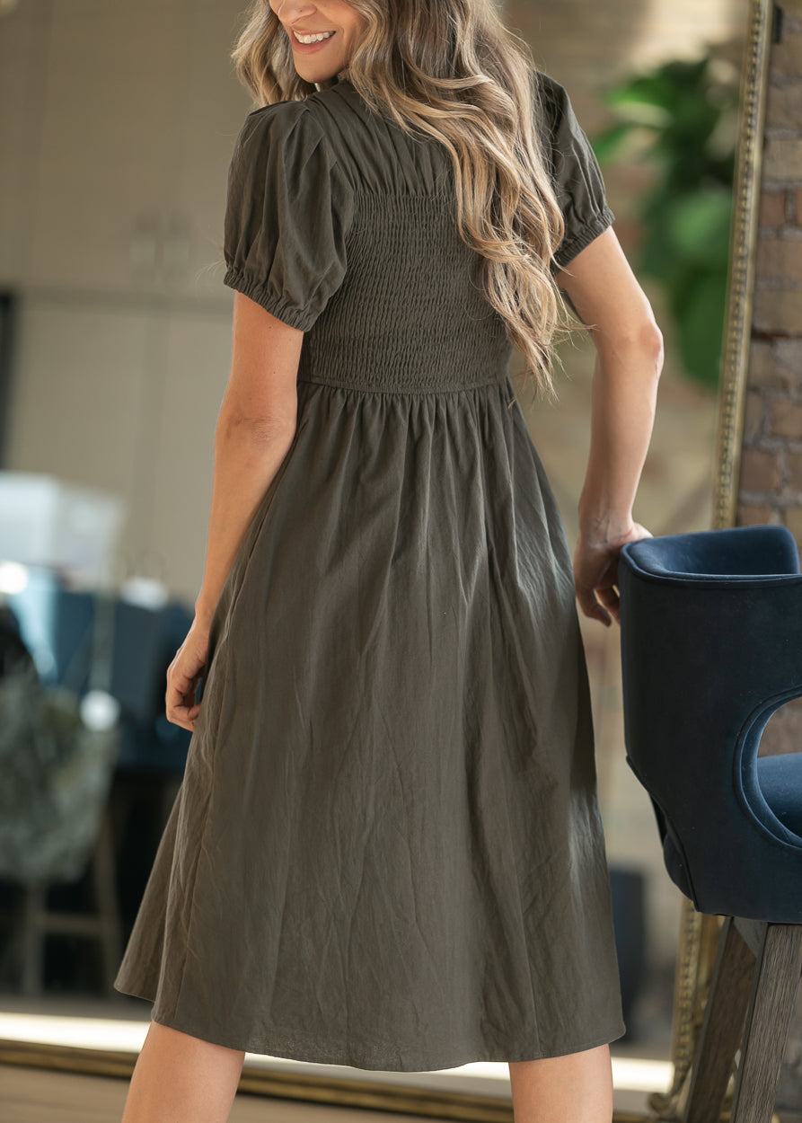 Olive Smocked Bodice Midi Dress FF Dresses