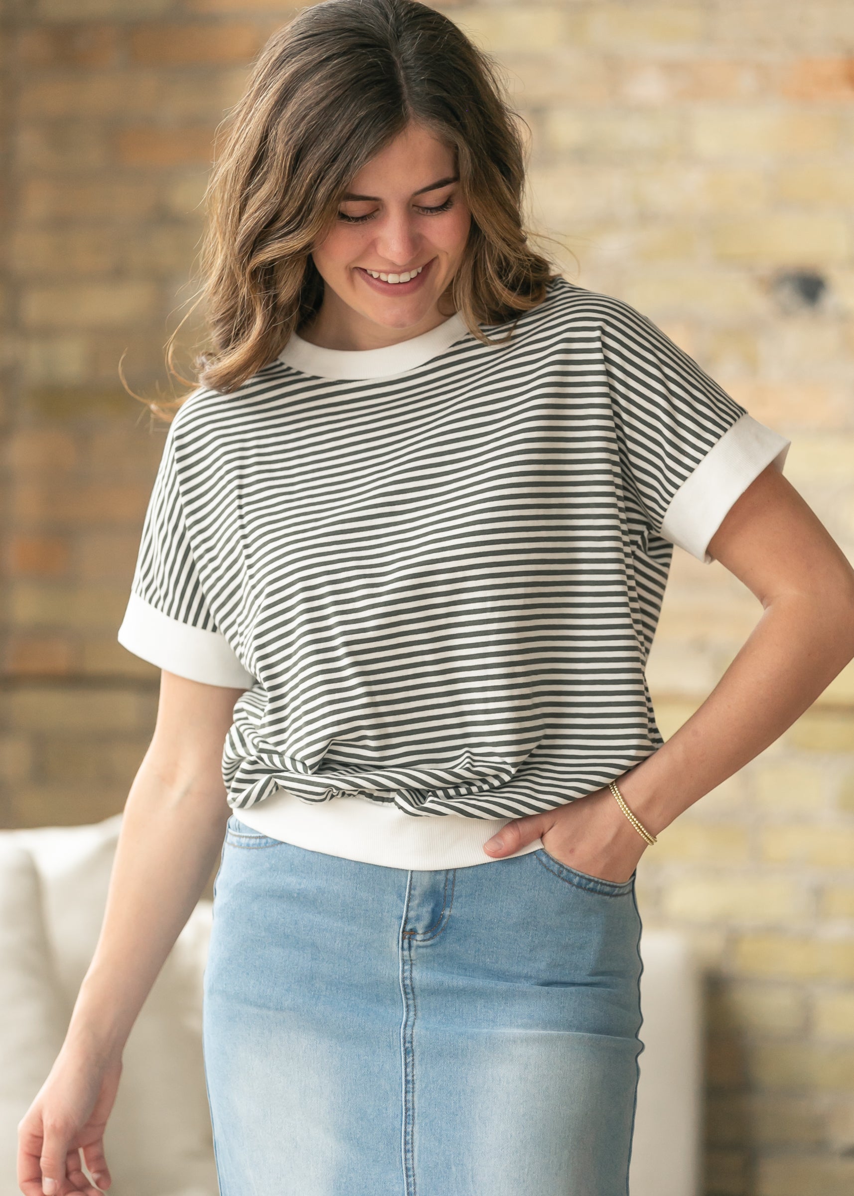 Olive Stripe Contrast Trim Top FF Tops