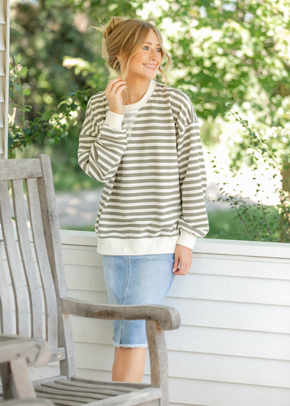 Olive Striped Crewneck Top FF Tops