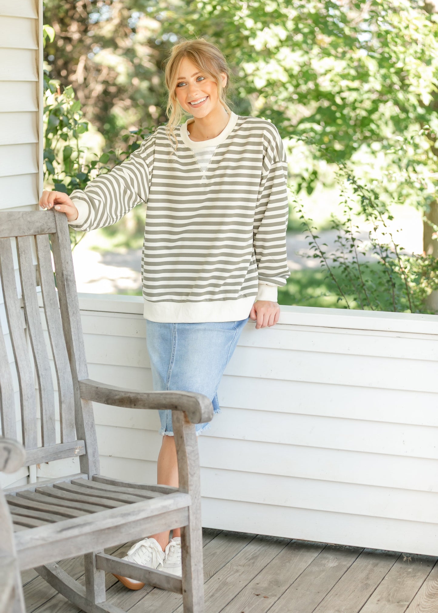 Olive Striped Crewneck Top FF Tops