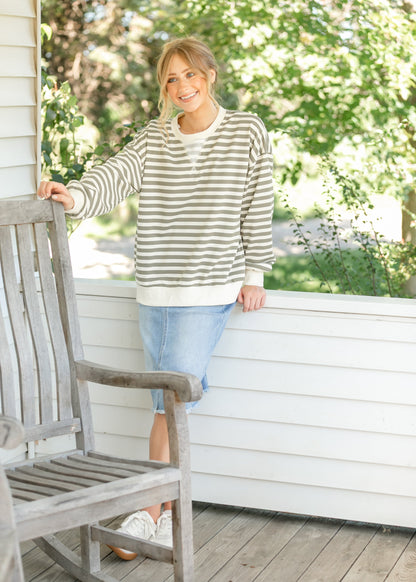 Olive Striped Crewneck Top FF Tops