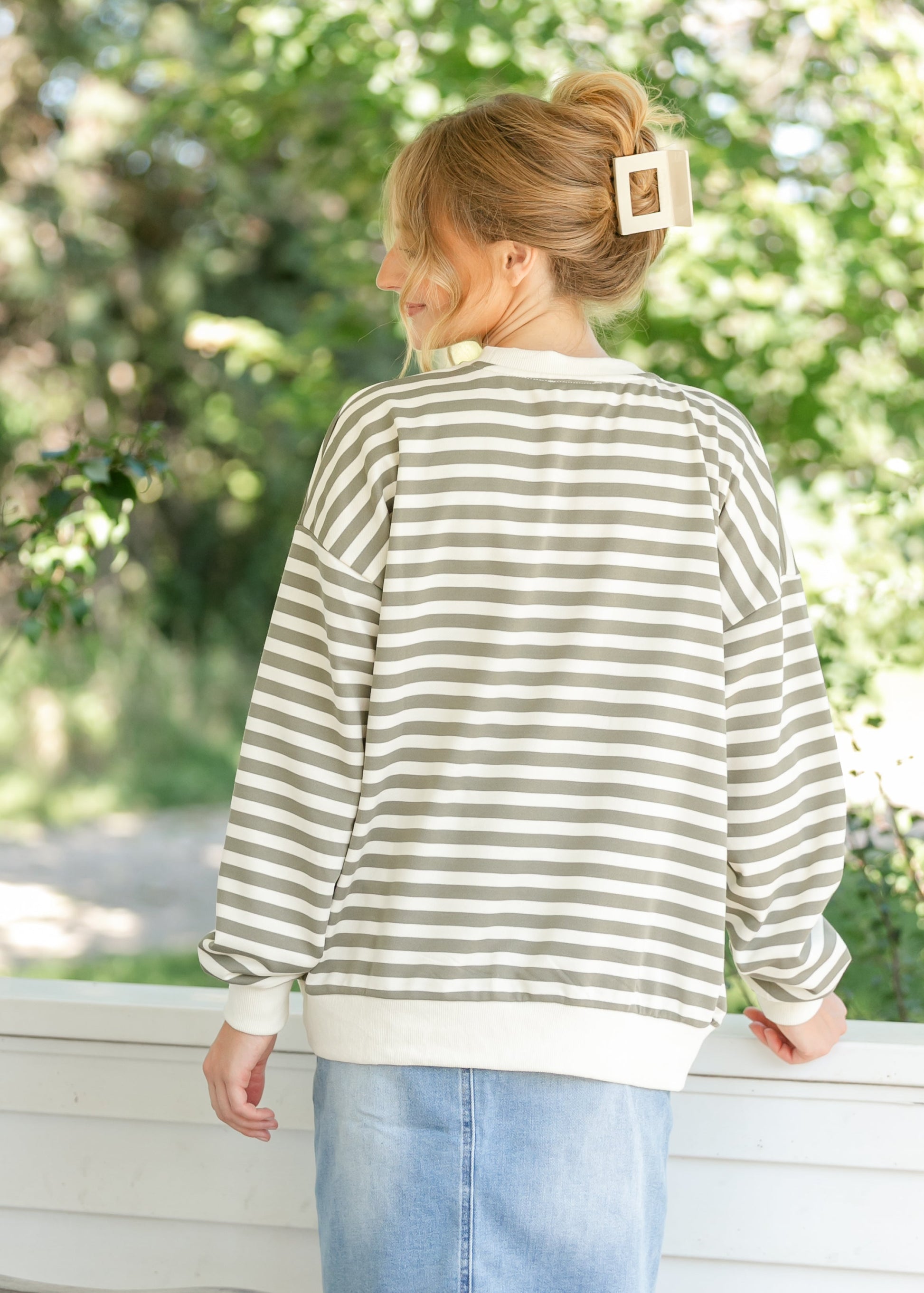 Olive Striped Crewneck Top FF Tops