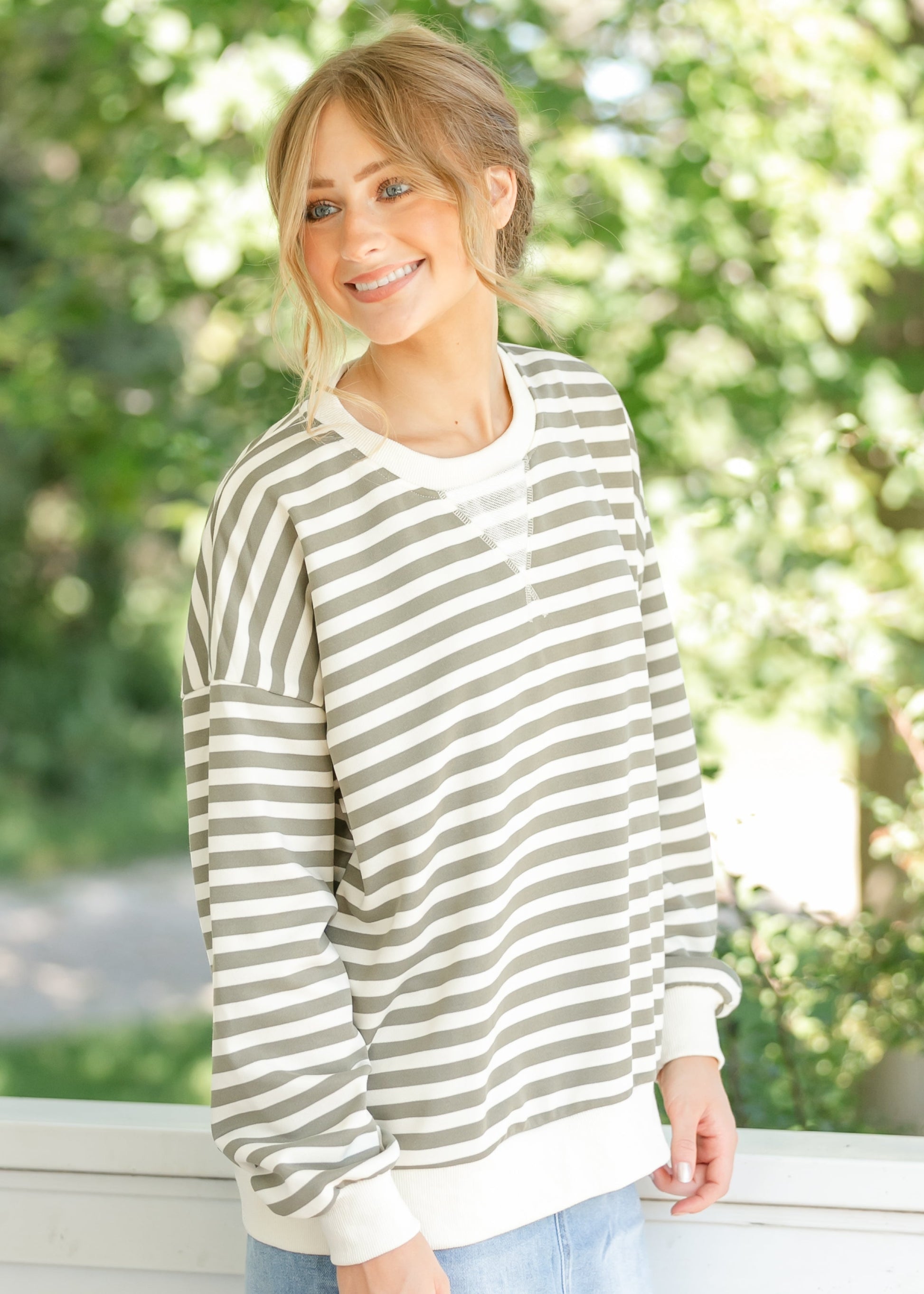 Olive Striped Crewneck Top FF Tops