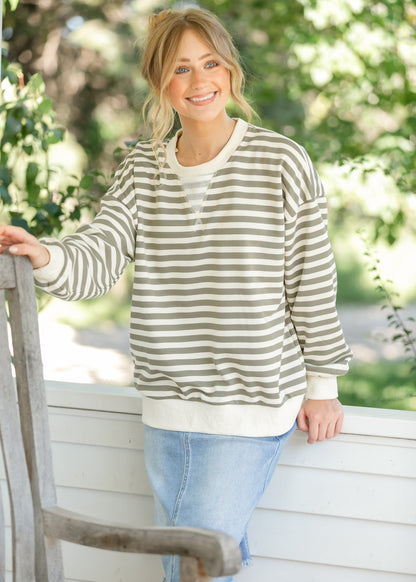 Olive Striped Crewneck Top FF Tops