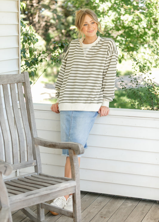 Olive Striped Crewneck Top FF Tops
