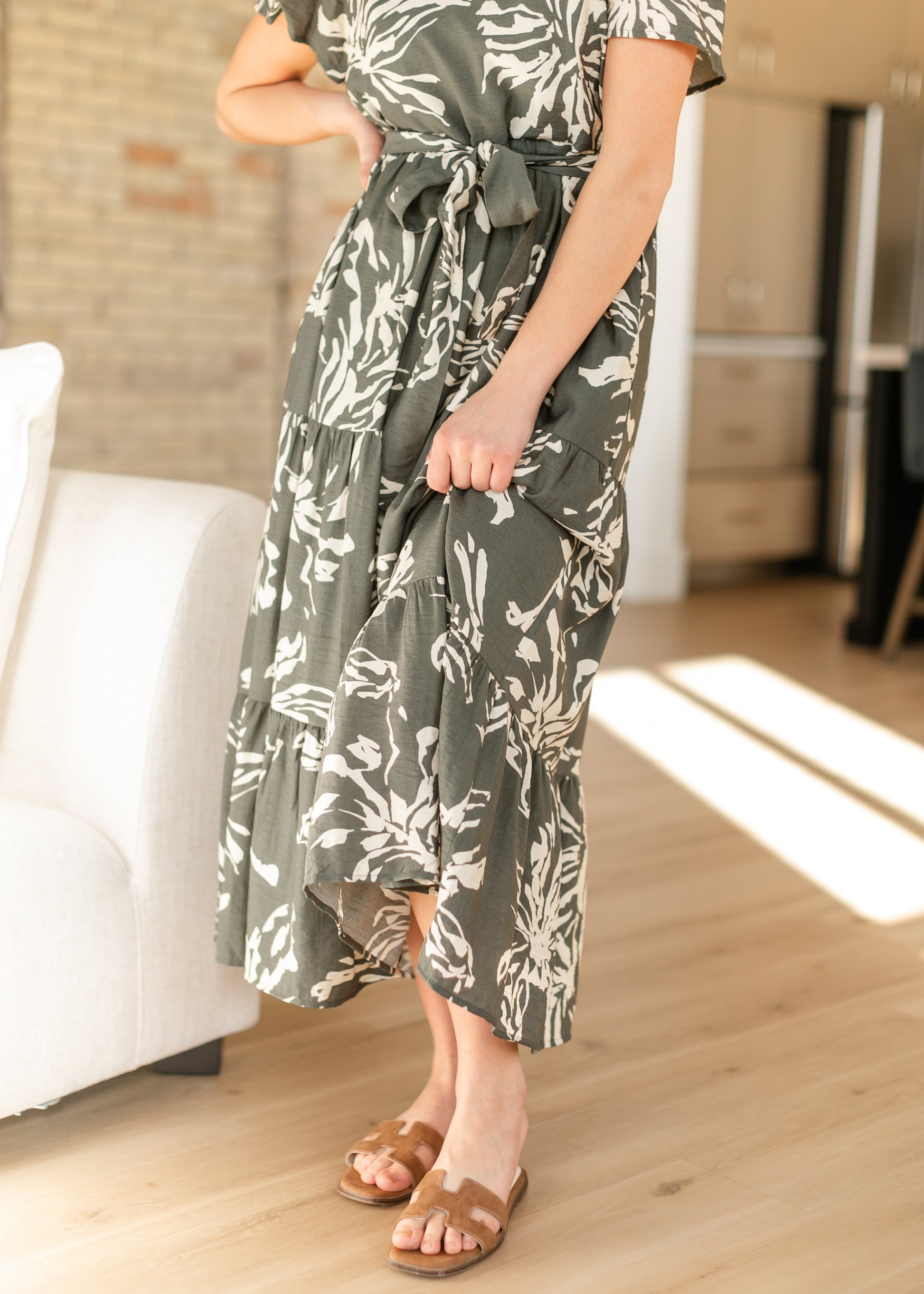 Olive V-neck Floral Tiered Maxi Dress - FINAL SALE Inherit Co. Olive V-neck Floral Tiered Maxi Dress - FINAL SALE Inherit Co.