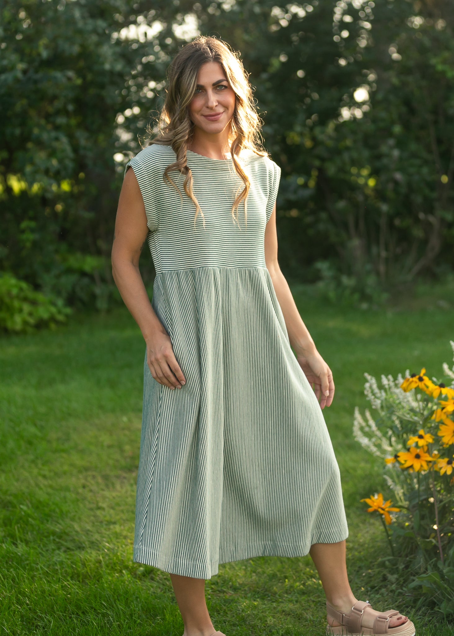 Olivia Green A-line Striped Midi Dress XS Olivia Green A-line Striped Midi Dress XS