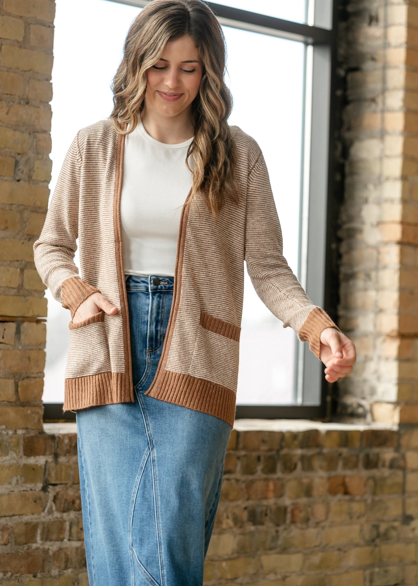 Open Front Striped Pocket Cardigan FF Layering Essentials