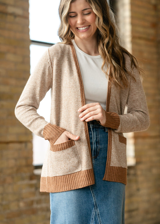 Open Front Striped Pocket Cardigan FF Layering Essentials