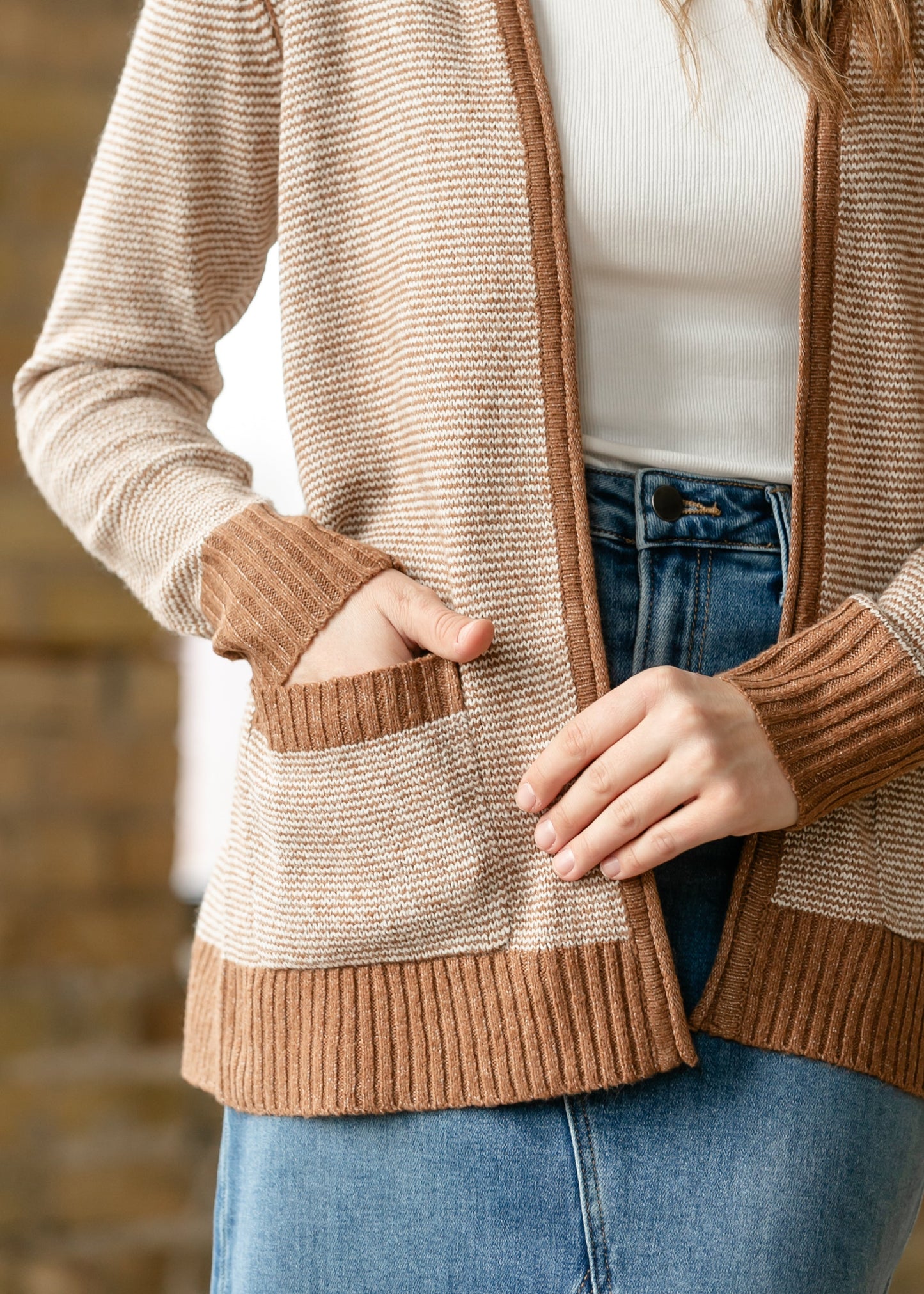 Open Front Striped Pocket Cardigan FF Layering Essentials