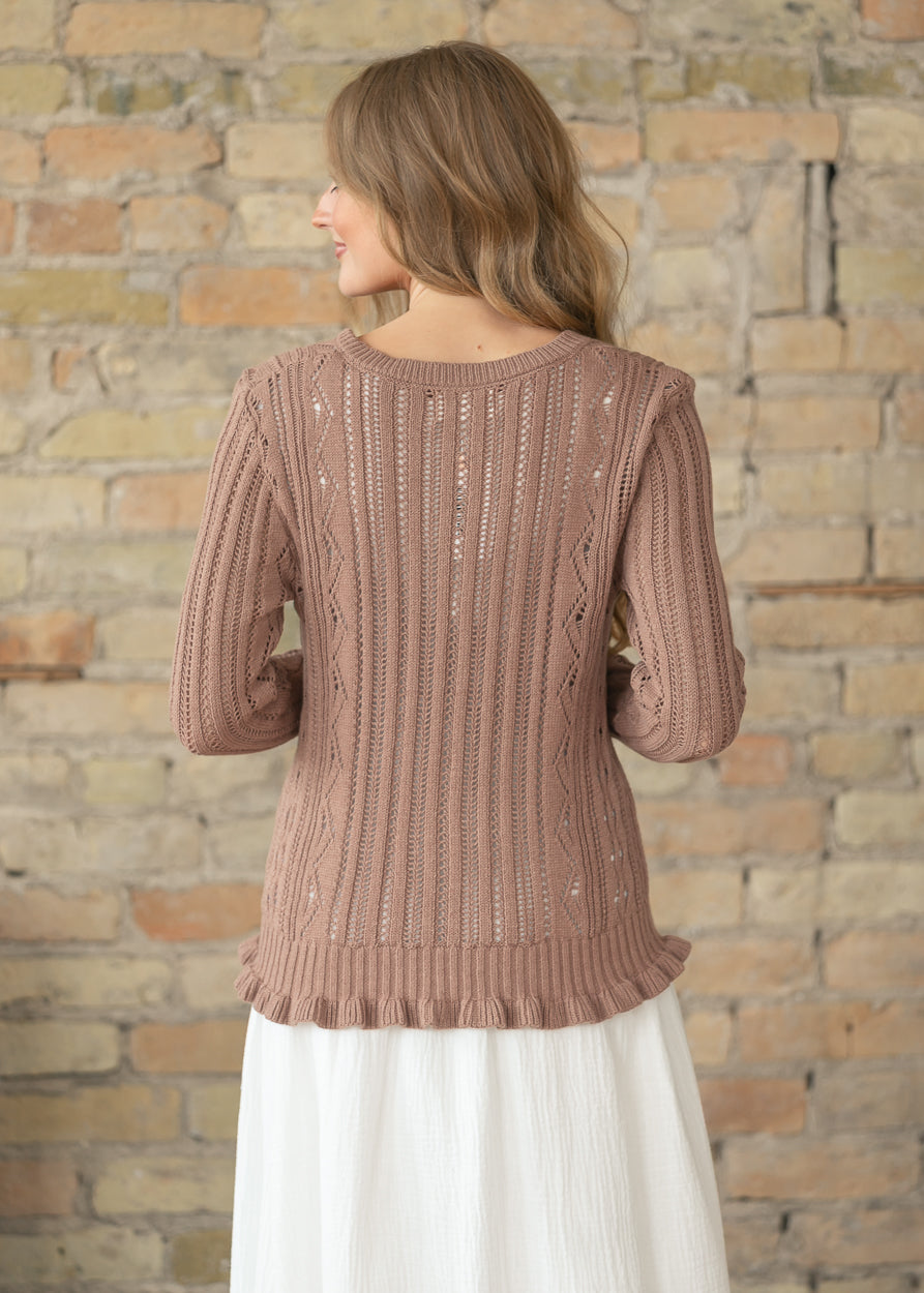 Open Knit Mocha Long Sleeve Cardigan FF Tops