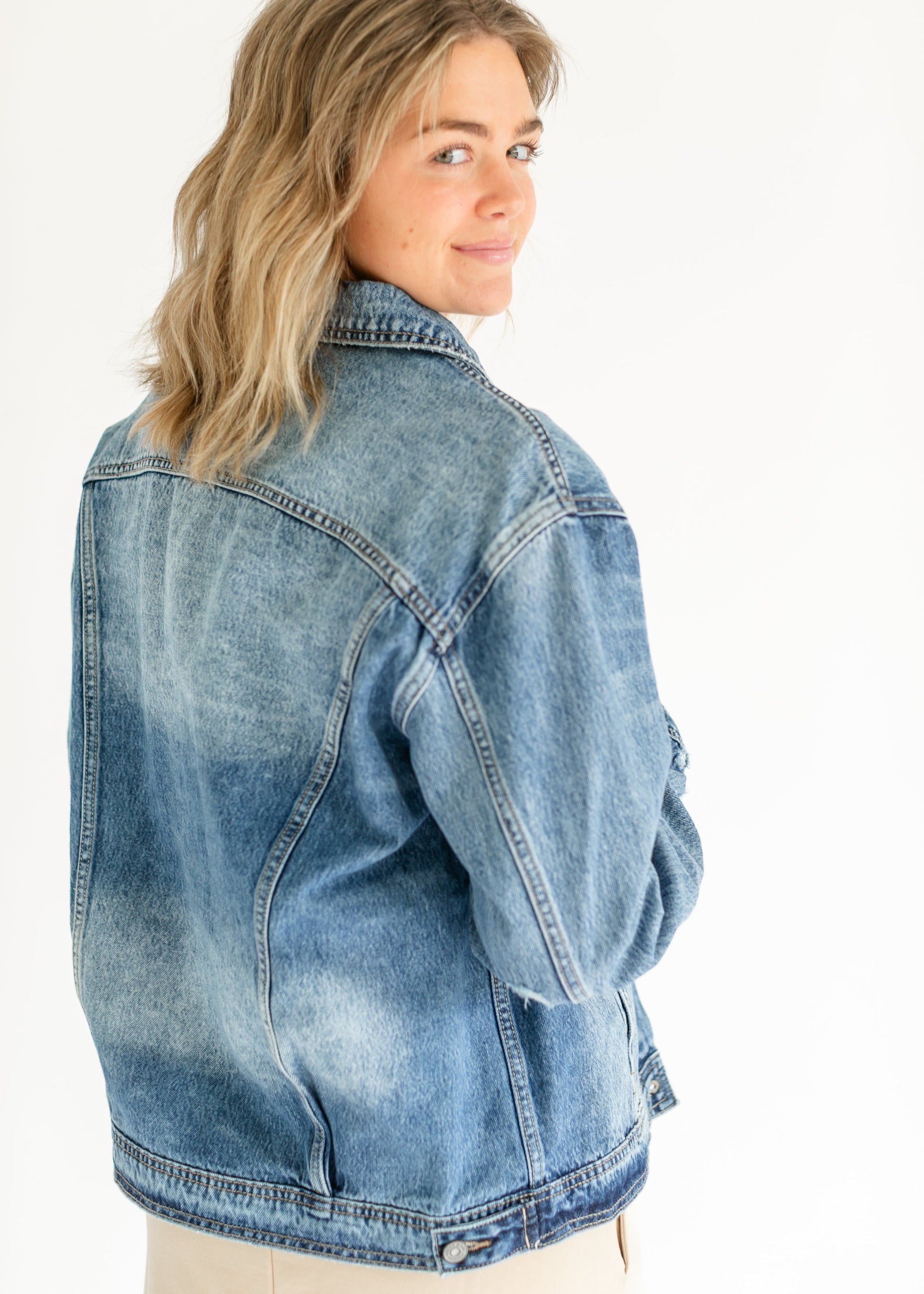 Oversized Denim Distressed Jacket FF Tops