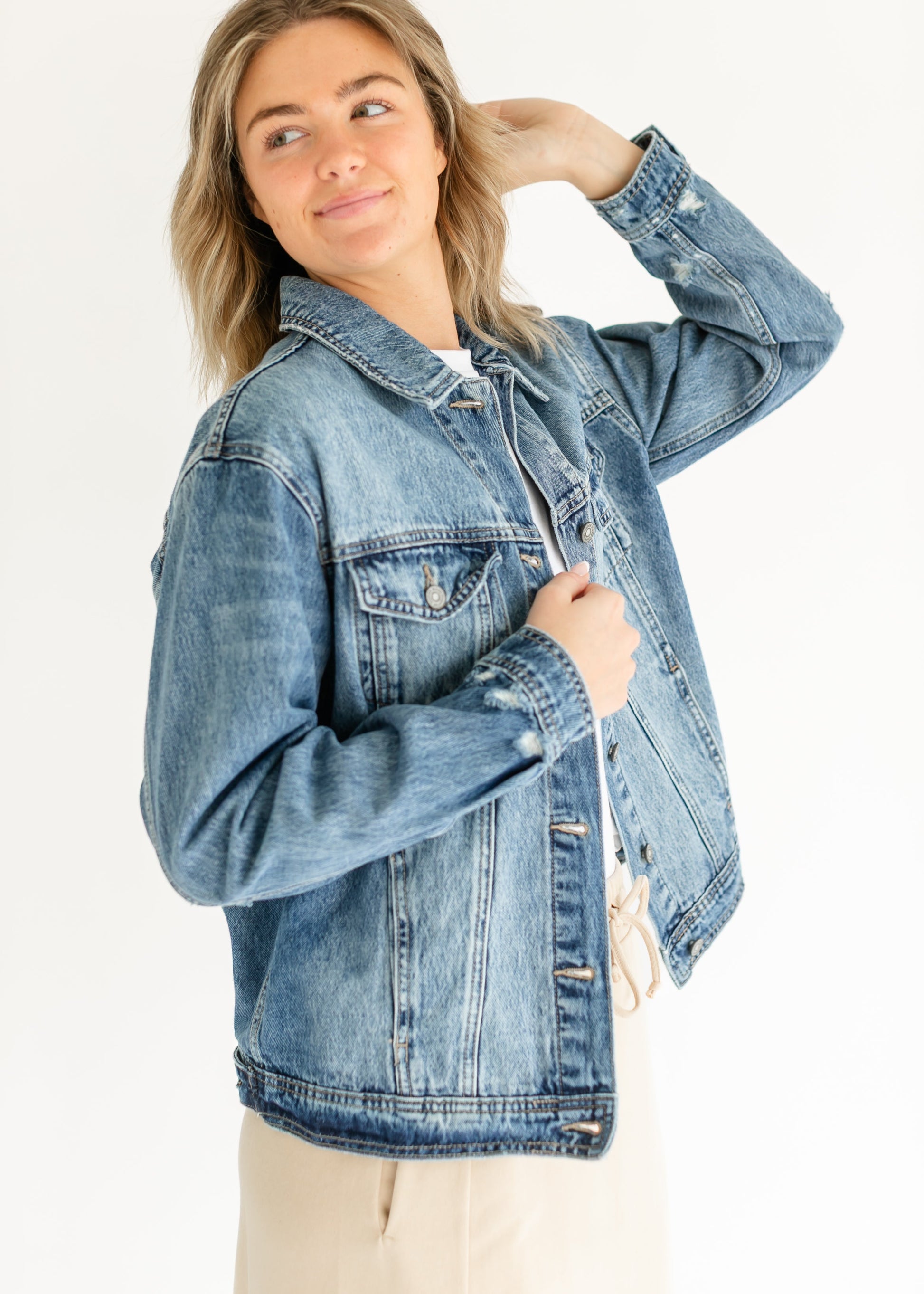 Oversized Denim Distressed Jacket FF Tops