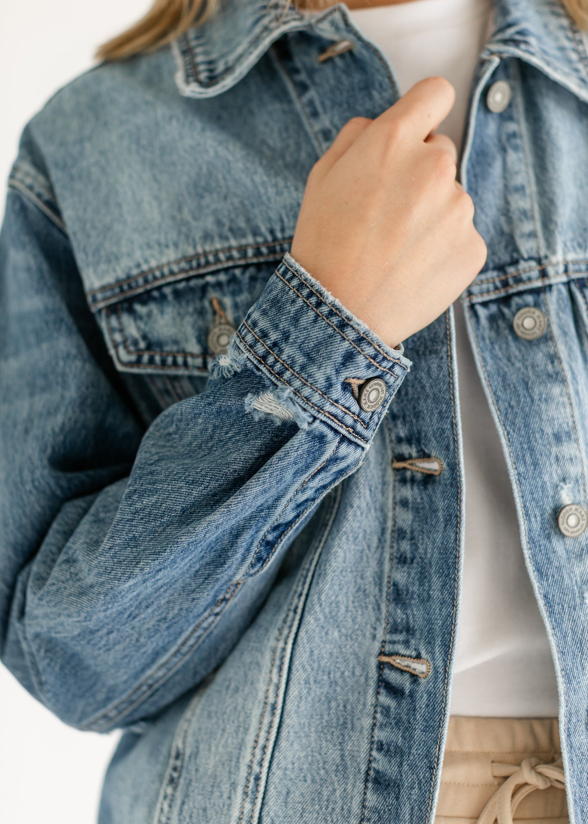 Oversized Denim Distressed Jacket FF Tops