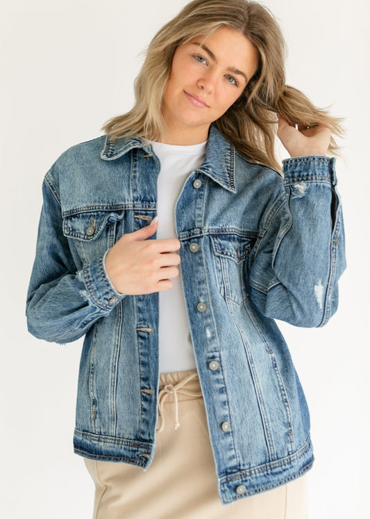 Oversized Denim Distressed Jacket FF Tops